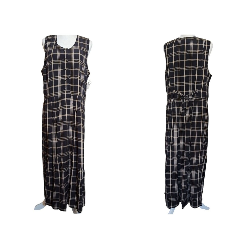 New Talbots Dress Women's Size 12 Black Tan Check Sleeveless Maxi Tie Back Class